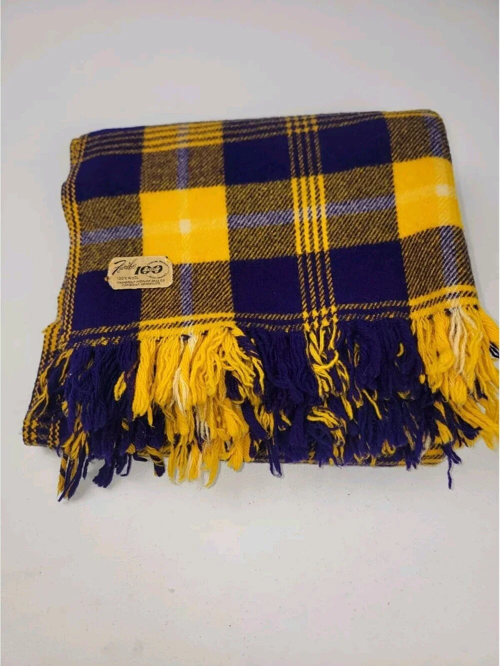 Vtg Faribo 100% Wool Throw Blanket Fringe Afghan Faribault Purple Gold 100 Yr **